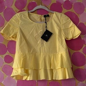 Elizabeth Franchi Yellow Ruffle Hem Short Sleeve Top
